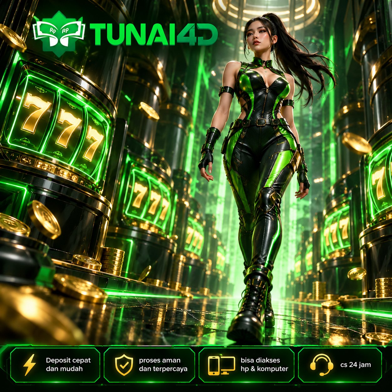 Banner TUNAI4D bernuansa hijau dan emas untuk portal hiburan digital